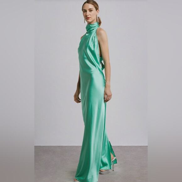 NWT Silk Maison Green Halter Cocktail Silk Maxi Dress S - Picture 2 of 12